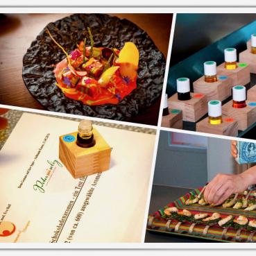 Collage: kleine Flaschen ätherische Öle und angerichtete Kleinigkeit zu essen